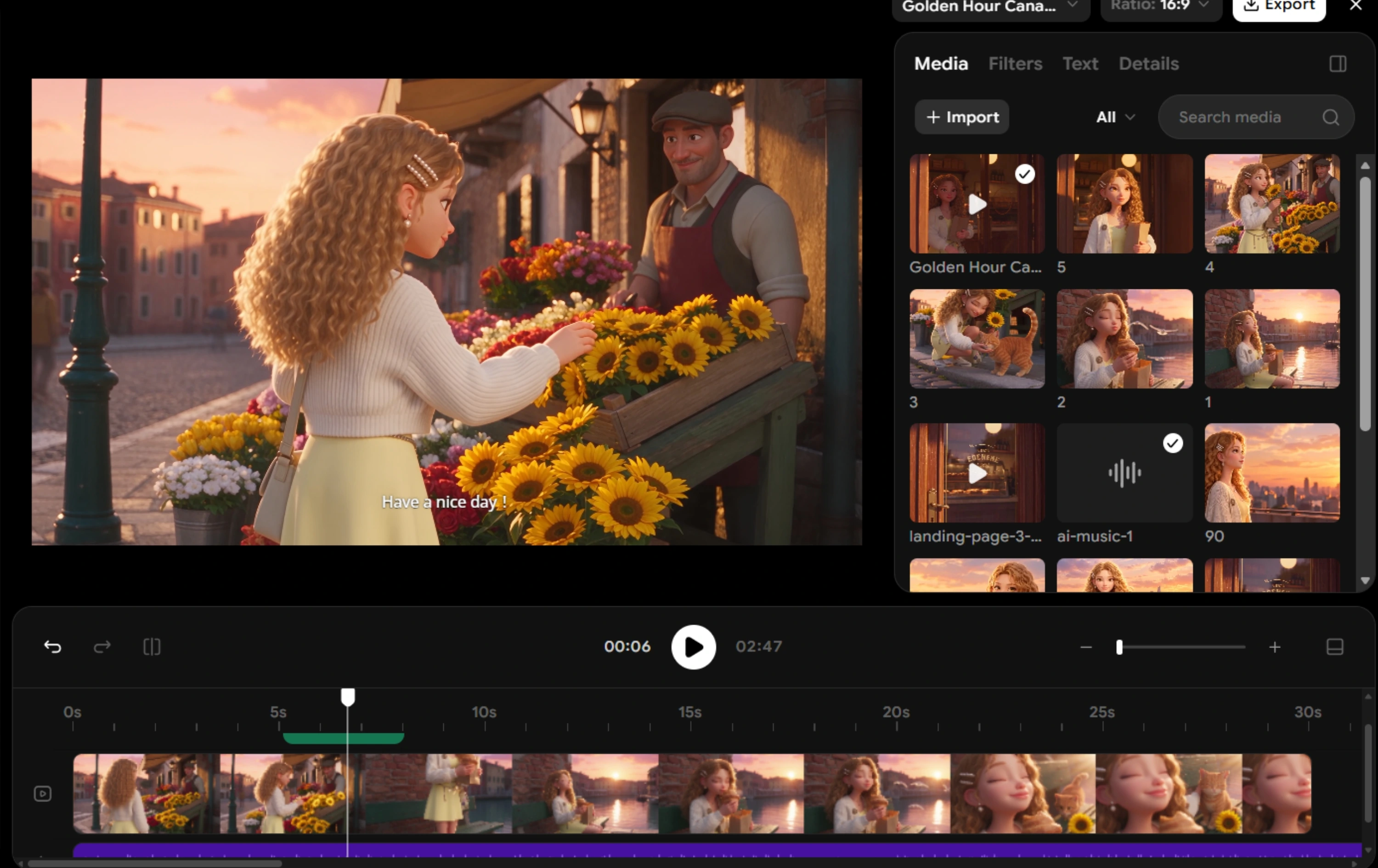 OiiOii video editor with clips arranged into a sequence